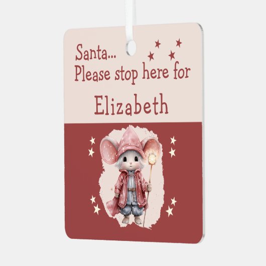 Kerstman stop hier naam schattige muis roze metalen ornament (Voorkant links)