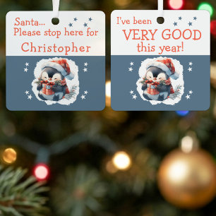 Kerstman stop hier naam schattige pinguïn grijs metalen ornament
