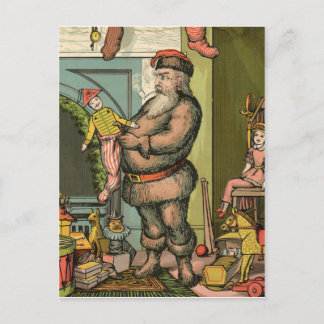 Kerstman stopt een stuk speelgoed in een ouderwets briefkaart