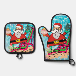 Kerstman strandzwerver ovenwantjes en pannenlappen ovenwant & pannenlap set