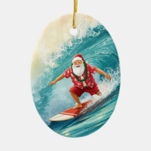 Kerstman Surfende op Grote Golf Keramisch Ornament