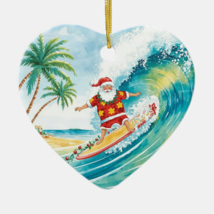 Kerstman Surfende op Grote Golf Keramisch Ornament