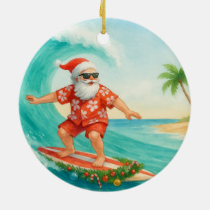 Kerstman Surfende Santa op Grote Golf Keramisch Ornament