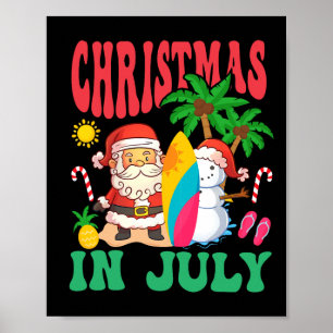 Kerstman surft Hawaiaanse strand Kerstmis in juli Poster