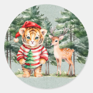 Kerstman Tijger en een Herten Pine Tree Kerstmis Ronde Sticker