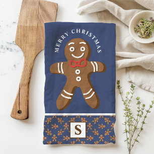 Kerstman van gemberkoek Navy Monogram Prettig Kers Theedoek
