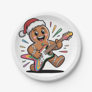 Kerstman van gemberkoek speelt elektrische gitaar papieren bordje