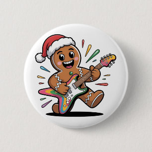 Kerstman van gemberkoek speelt elektrische gitaar ronde button 5,7 cm