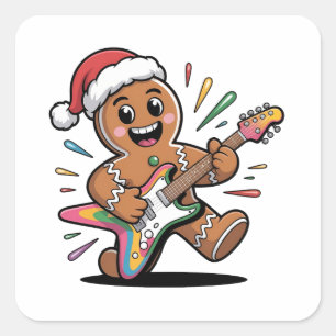 Kerstman van gemberkoek speelt elektrische gitaar vierkante sticker