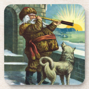 Kerstman verrekijker hond zonsondergang antiek onderzetter