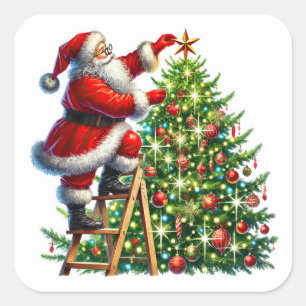 Kerstman versiert kerstboom in de winter vierkante sticker
