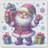 Kerstman viert kerst met cadeautjes sticker (Voorkant)