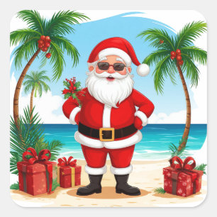Kerstman viert Kerstmis tropisch Strand Vierkante Sticker