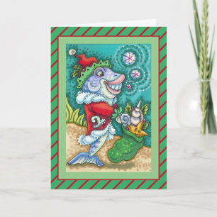 KERSTMAN VISSEN VERHALEN, ZEESTER, ZAK SCHELPEN FEESTDAGEN KAART