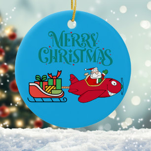 Kerstman vliegt in vliegtuig,Tuin, Hart foto,Kerst Keramisch Ornament