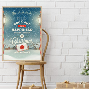 Kerstman vliegt over besneeuwd dorp Kerstmis Perfect Poster