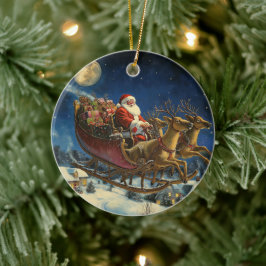 Kerstman vliegt over besneeuwd dorp kerstversierin keramisch ornament