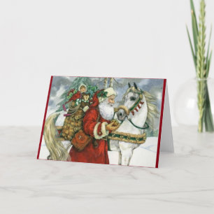 kerstman voedt zijn witte paard feestdagen kaart
