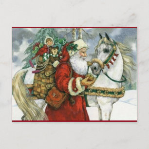 kerstman voedt zijn witte paard feestdagenkaart