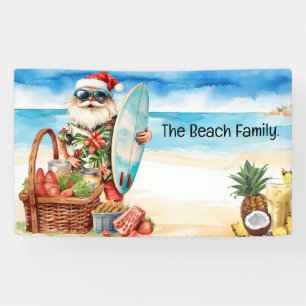 Kerstman voor Kerstmis in juli aan het strand Spandoek