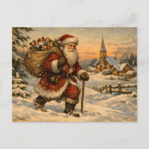 Kerstman wandelt in de sneeuw in vintage stijl feestdagenkaart