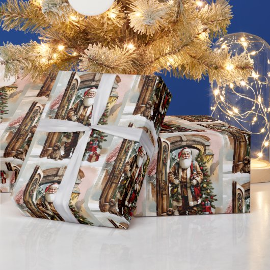 Kerstman Waterverf met puppy Cadeaupapier (Feestdagen)