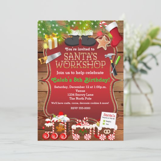 Kerstman Workshop Uitnodiging Kerstfeest (Staand voorkant)