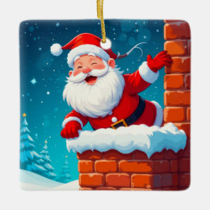 Kerstman zwaait vrolijk in schoorsteen keramisch ornament