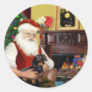 Kerstman zwart / tan Dachshund (#16) Ronde Sticker