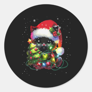 Kerstman zwarte kat kerstmuts verstrikt in Kerstmi Ronde Sticker