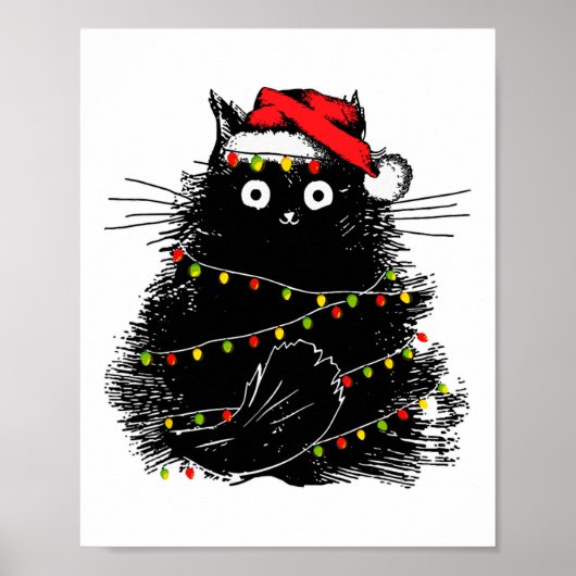 Kerstman zwarte kat verstrikt in kerstboom licht poster (Voorkant)