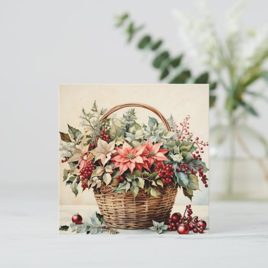 Kerstmand met Poinsettia Bloemen, Bessen Feestdagenkaart (Staand voorkant)
