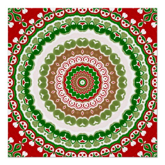 Kerstmandala in rood, groen en warm goud perfect poster (Voorkant)