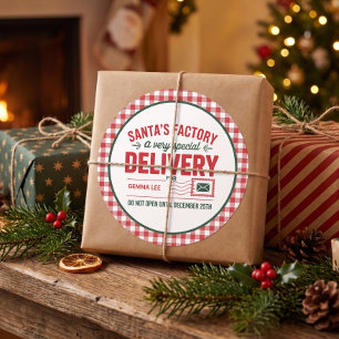 Kerstmanfabriek Speciale Kerstman Levering Plaid Ronde Sticker