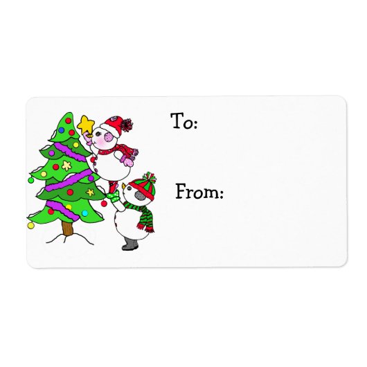 kerstmannen die bomen van en naar decorteren etiket (Voorkant)