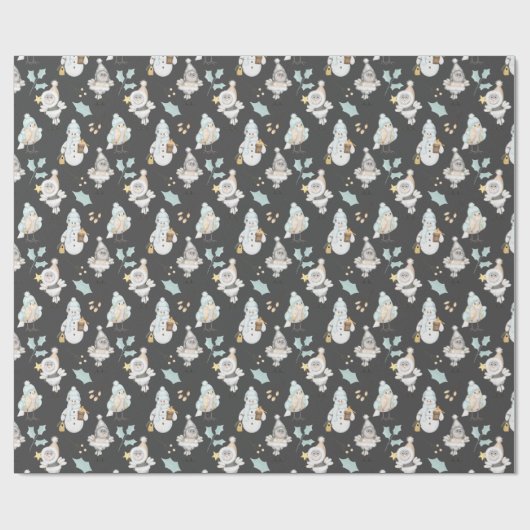 Kerstmannen en vogels cadeaupapier (Vlak)