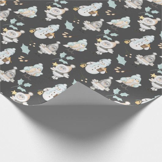 Kerstmannen en vogels cadeaupapier (Hoek)