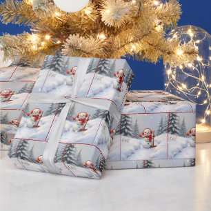 Kerstmannen met rode sneeuwschoffels cadeaupapier