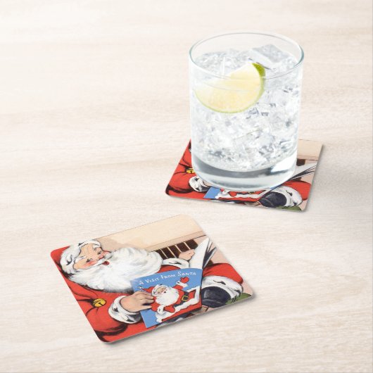 Kerstmannenbezoek uit grootmoeders tijd vierkante kartonnen onderzetter (Insitu)