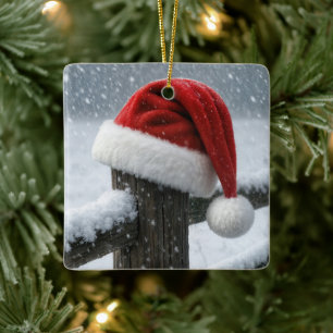 Kerstmannenhoed op een besneeuwde omheiningspaal keramisch ornament