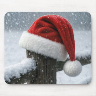 Kerstmannenhoed op een besneeuwde omheiningspaal muismat