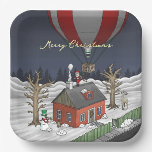 Kerstmannetje in een hete luchtballon papieren bordje