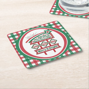 Kerstmannetje Retro Marquee – Ho Ho Ho vrolijk & f Vierkante Kartonnen Onderzetter