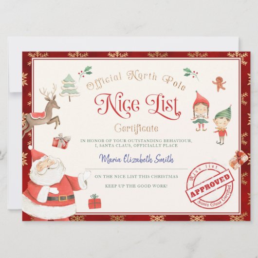 Kerstmannetje's Goede Lijst Certificaat Kaart (Voorkant)