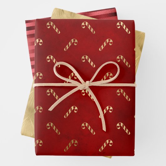 Kerstmannetjes met snoeprietjes Pattern Red Gold F Inpakpapier Vel (In situ)