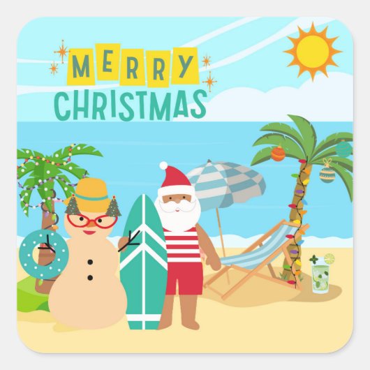 Kerstman's Beach Kerstmis Vierkante Sticker (Voorkant)