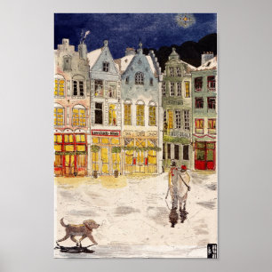 Kerstmarkt België Retrogeïnspireerde Waterverf Poster