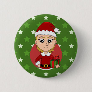 Kerstmeisje cartoon pinback ronde button 5,7 cm