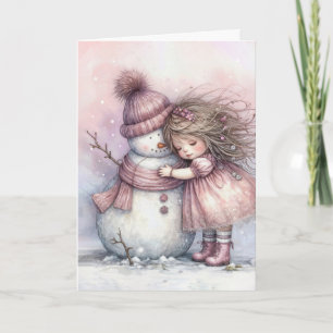 Kerstmeisje dat een sneeuwman omhelst kaart
