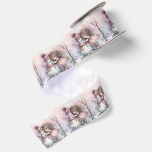 Kerstmeisje dat een sneeuwman omhelst lint